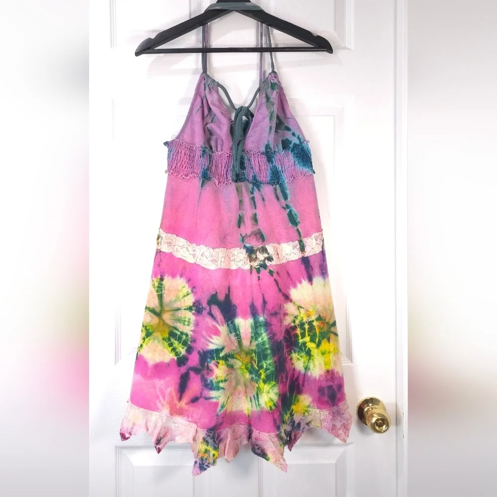 Handmade Tie Dye Midi Dress Cotton Deep V-Neck Size M - L Fairycore - Picture 2 of 8